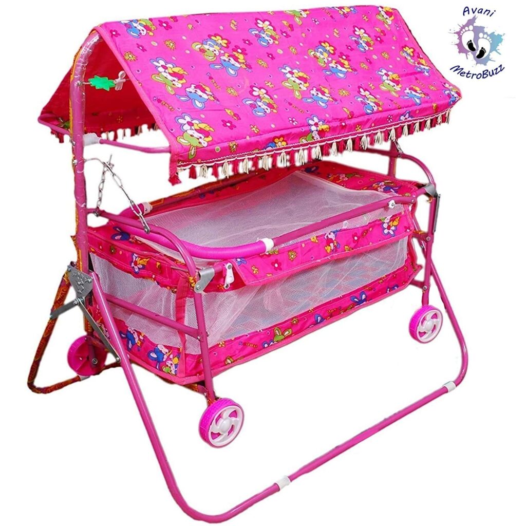 Baby Jhula Jhoola Set with Mosquito Net and Spring (Pink)